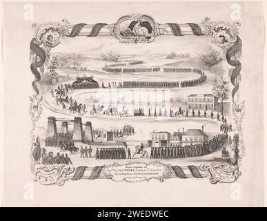 Pestigiöse Beerdigung seiner Majestät Willem II., König der Niederlande, (...) In Delft, am 4. April 1849, Anonymous, 1849 gedruckt die Beerdigung des verstorbenen Königs Willem II. In Delft am 4. April 1849. Der Trauerzug schlängelt sich durch die Landschaft in die Stadt Delft über die neue Brücke (links unten). Im Rahmen Banderollen mit Inschriften, Waffen und Porträts. Oben eine allegorische Vignette. Druckerei: Niederlandsprinter: Amsterdam Papierkortege, Trauerprozession Delft Stockfoto