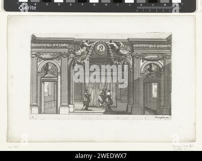 Wandaufteilung mit Ionischen Pilastern, Jean Marot (I), 1629 - 1703 Druck in der Mitte ist ein geschlossenes Himmelbett. Druckerei: Frankreich (evtl.) nach eigenem Entwurf von: Frankreich (evtl.)Verlag: Paris Papierstich Stockfoto