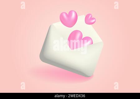 Weißer Briefumschlag 3d mit rosa Herzen Vektor-Illustration. Stock Vektor