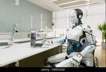 Android AI-Roboter, der am Schreibtisch sitzt und im Büro arbeitet. Künstliche Intelligenz, Geschäfts- und Automatisierungskonzept. Stockfoto