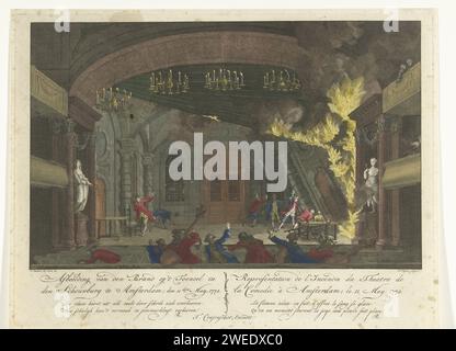 Theater der Amsterdam Schouwburg beim Ausbruch der Marke, 1772, Cornelis Bogerts, nach Pieter Barbiers (I), 1772 Print Ansicht auf die Szene der Amsterdam Schouwburg während des Ausbruchs des Feuers am 11. Mai 1772. Das Feuer brach bei der Aufführung der Oper „de Deserteur“ aus. Auf der Bühne fliehen Schauspieler und rechts fällt ein brennendes Bühnenbild herum. Musiker fliehen aus dem Orchestereimer im Vordergrund. Unter der Show der Titel und ein Zweiwege-Vers in Niederländisch (links) und Französisch (rechts). Teil einer Serie von vier Drucken mit Titeldruck über den Brand in der Amsterdam Schouwburg. Amsterdam Stockfoto