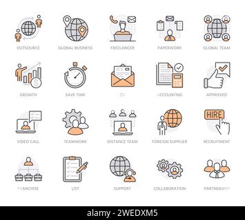 Symbolsatz für flache Linien auslagern. Illustrationen für Personalbeschaffung, Partnerschaft, Teamarbeit, Freiberufler, Teil- und Vollzeitjobs. Umrisspiktogramm für Stock Vektor