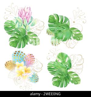 Eine Reihe von Aquarellillustrationen, Sträuße mit bunten Federn und Frangipani. Rosa Protea. Tropische Blumen und Monsterablätter. Hawaiianisches Design. Stockfoto