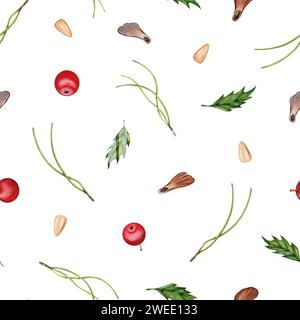 Nahtloses Muster mit handgezeichneten Kiefernnadeln, Beeren, Blättern, Samen. Aquarellabbildung isoliert auf weißem Hintergrund. Wald wiederholbar Stockfoto