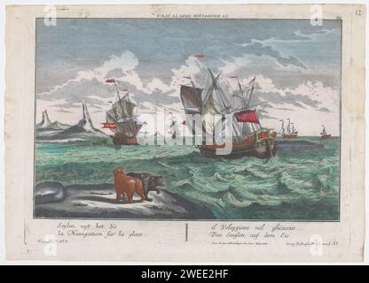 Blick auf das Segeln der Schiffe auf dem Eismeer, Georg Balthasar Probst, nach Adolf van der Laan, nach Sieuwert van der Meulen, 1742–1801 drucken mehrere Schiffe segeln auf dem Wasser zwischen den Eisschollen. Im Vordergrund zwei Eisbären links. Oben rechts nummeriert: 59. Unten links nummeriert: 3. Verlag: Augsburgprint Maker: Germany Paper. Aquarell (Farbe) Ätzen / Pinsel Meer (Meereslandschaft) (+ Landschaft mit Figuren, Personal). Walfischerei, Walfang. Raubtiere, Raubtiere: Eisbär. Segelschiff, Segelboot. Landschaften in Polarregionen Grönland Stockfoto