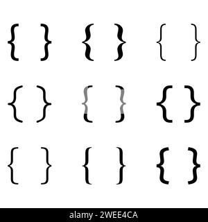 Schwarzer Halterungssatz. Geschweifte Klammern, doppelte symmetrische Klammern. Vektor-Kit Typografie-Symbolpaar, Rahmen für Satzzeichen, mathematische Elemente unterzeichnen Textziffer Stock Vektor