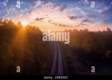 Eisenbahnstraße mitten im nebeligen Herbstwald bei Sonnenschein bei Sonnenaufgang. Wunderschöne Landschaft mit nebeligem Wald und Eisenbahn im Herbst. Luftaufnahme, Stockfoto