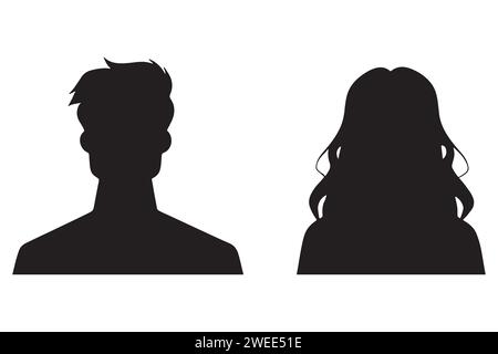 Eine Vektorillustration, die männliche und weibliche Gesichtssilhouetten oder Ikonen darstellt und als Avatare oder Profile für unbekannte oder anonyme Personen dient. Stock Vektor