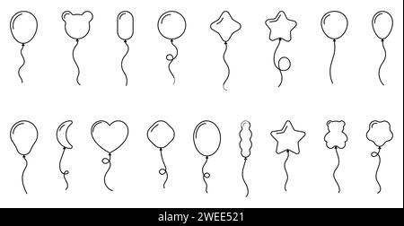 Kontursymbole mit einer Zeichenkette im Linienstil. Verschiedene Formen für Geburtstag, Party, Hochzeit. Schwarze Kontur von Ballonsilhouetten. Vektor Stock Vektor