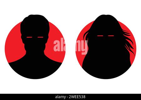 Eine Vektorillustration, die männliche und weibliche Gesichtssilhouetten oder Ikonen darstellt und als Avatare oder Profile für unbekannte oder anonyme Personen dient. Stock Vektor