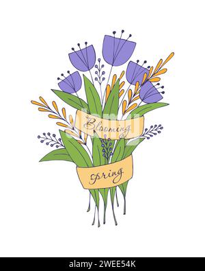 Blühender Frühlingsstrauß, handgezeichnete Kritzeleien mit Schriftzug. Vektorabbildung Stock Vektor