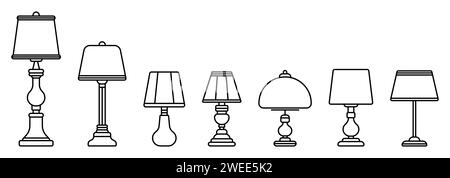 Kollektion für Lampensymbol. Modernes Vektor-Tischlampen-Design. Elegante Heimbeleuchtung. Beleuchtung von Wohnaccessoires. Lichtelemente Vektorclipart. Stock Vektor