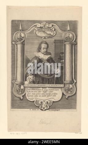 Porträt van Johann Peter Hainzel von Degerstein, Lucas Kilian, 1604 Druck lateinischer Text in der Kartusche. Augsburger Papierstich / Ätzen historischer Personen. Geschichte und Archäologie (+ Porträt des Gelehrten, Wissenschaftlers). Ornament aus architektonischen Details. Hund Stockfoto
