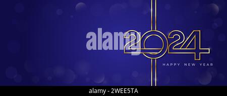 2024 Happy New Year Bannerumschlag auf blauem Hintergrund mit Kopierraum Stock Vektor