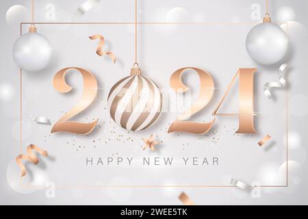 Happy New Year 2024 Text auf grauem festlichem Hintergrund dekoriert mit Bändern und Ornament Kugeln, Vektor-Design Stock Vektor