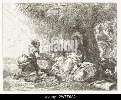Maria und Kind sind unter Palmen und Joseph Kneelt in Anbetung während des Fluges nach Ägypten, Giovanni Domenico Tiepolo, 1752 Druckpapier Ätzung ruht auf dem Flug nach Ägypten Stockfoto