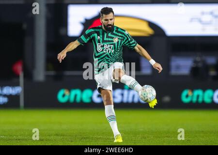 Almere, Niederlande. Januar 2024. ALMERE, NIEDERLANDE - 24. JANUAR: Dimitrios Siovas von Fortuna Sittard während des niederländischen Eredivisie-Spiels zwischen Almere City FC und Fortuna Sittard im Yanmar Stadion am 24. Januar 2024 in Almere, Niederlande. (Foto von Orange Pictures) Credit: Orange Pics BV/Alamy Live News Stockfoto