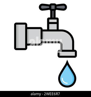 Wasserhahn mit Tropfen. Flacher Hahn mit Rohrtropf. Drehen Sie den Hahn des Durchflusses. Vektorsymbol für Haus, Wirtschaft und Badezimmer. Isoliert auf weißem Hintergrund. Stock Vektor