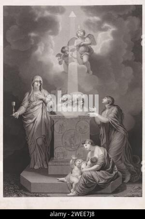 Concordia, anonym, 1750 - 1850 Print allegorische Darstellung von Concordia: The New Covenant of God with Humanity. Am Himmel ein Dreieck, Symbol Gottes des Vaters, aus dem ein Lichtstrahl kommt, der auf das Lamm Gottes scheint. Das Lamm Gottes, Symbol für Christus, liegt auf dem Buch mit den sieben Briefmarken auf einem Altar. Am Altar gibt es Glauben mit Fehlschlag und Kreuz, Hoffnung mit Anker und Liebe mit zwei Kindern. Zwei Putten auf die Wolken. Papier für niedrige Länder. Bleistiftätzvereinbarung, Einheit; "Concordia", "Concordia insuperabile", "Concordia militare", „Concordia di Pace“, „Unione civi Stockfoto