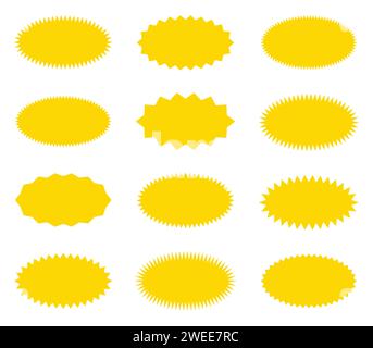 Starburst gelbes Aufkleberset. Sammlung. Sonderangebot Oval- und runder Sonnenschliff-Etiketten und -Abzeichen. Werbeaufkleber mit Sternrand. Vektor Stock Vektor