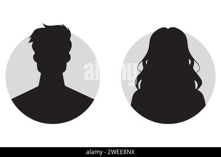 Eine Vektorillustration, die männliche und weibliche Gesichtssilhouetten oder Ikonen darstellt und als Avatare oder Profile für unbekannte oder anonyme Personen dient. Stock Vektor