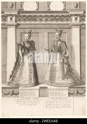 Doppelporträt von Anna-Maria van Austria und Isabella van Spain, Gaspare Oselli, nach Francesco Terzio, nach Anonym, 1569 Print Italien Papierstich historische Personen - BB - Frau. Herrscher, Herrscher - BB - weibliche Herrscherin Stockfoto