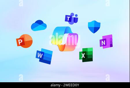 Valencia, Spanien – Januar 2024: Microsoft Copilot KI arbeitet mit den Microsoft 365-Apps mit künstlicher Intelligenz in Echtzeit. Neues Logo und schwimmendes Design Stockfoto