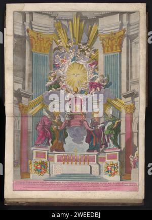 Stuhl Peter, Jacques Blondeau, nach Giovanni Lorenzo Bernini, 1693–1717 drucken die Cathedra Petri, der Altar, in dem sich das Relikt des Katheters des Apostels Petri auf der Rückseite der St. befindet Petersdom in Vatikanstadt. Auf beiden Seiten des Stuhls befinden sich zwei Statuen der Kirchenväter. Text in STUDMARGE. Drucken ist Teil eines Albums. Druckerei: RomeAfter Design von: Romepublisher: RomeThe Haager Papier ätzt das Innere der Kirche. bischofssitz. Skulpturenstück, Reproduktion eines Skulpturenstücks St. Petersbasilika Stockfoto