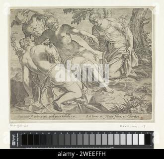 Mercurius en de gratiën, Agostino Carracci, nach Jacopo Tintoretto, 1589 Druck Mercury steht hinter den drei Gnaden in einer Landschaft. Die drei Gnaden sind an ihren Attributen erkennbar: Einem Würfel, einer Rose und einem Zweig von Mirte. Druckerei: Italien Malerei von: Venedig Papierstich (Geschichte von) Mercury (Hermes). Graces (Charites), in der Regel drei; „Gratie“ (Ripa) Stockfoto