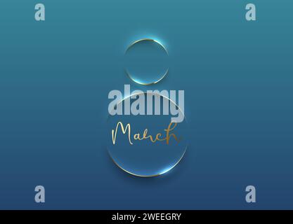 Minimalistisches blaues, weiches 3D-8-förmiges, abstraktes, goldfarbenes Rahmendesign. Goldener Text im März. 8. märz Tag Vektor-Illustration. Geometrischer Minimal Damentag Stock Vektor