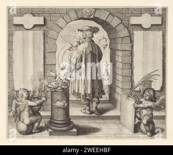 Allegorische Darstellung einer Sonnenfinsternis in Stockholm im Jahre 1535, Jacob Matham (zugeschrieben), 1596–1600 drucken Einen Mann, der in einem Tor steht, auf der Rückseite gesehen. Ich schaue durch das Portal zu einer Stadt. In der Luft Sonne, Mond und Sterne. Links ein Putto mit einem Rauchtopf, rechts ein Putto mit Palmenzweig und Lorbeerkranz. Haarlem Papier Gravur Sonnenfinsternis Stockholm Stockfoto