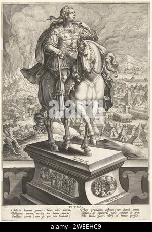 Kaiser Titus zu Pferd, Adriaen Collaert, nach Jan van der Straet, 1587–1589 Druck auf einer Säule Keizer Titus zu Pferd. In den Hintergrundszenen aus seinem Leben. Links die Eruption des Vesuvs. Auf der rechten Seite die Aufnahme Jerusalems. Der Druck hat eine lateinische Unterschrift und ist Teil einer zwölfteiligen Serie über römische Kaiser. Antwerpener Papierstich (Geschichte) des Kaisers Titus Stockfoto