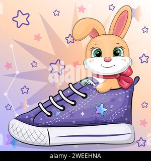 Ein süßer Karikaturhase mit Sneaker. Vektorillustration eines Tieres auf einem bunten Hintergrund mit Sternen. Stock Vektor