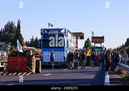 Marseille, Frankreich. Januar 2025. © PHOTOPQR/LA PROVENCE/Gilles Bader ; Marseille ; 22/01/2025 ; Blöcke autoroute A54 par les agriculteurs dans les deux sens au Niveau de l Air du Merle Nord entre Salon de Provence et Arles französischer Bauernprotest am 25. januar 2024 Credit: MAXPPP/Alamy Live News Stockfoto