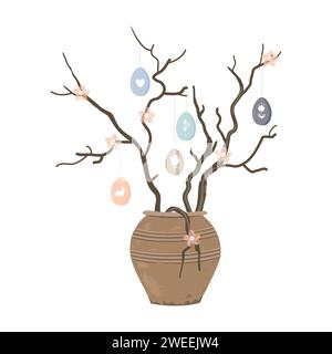 Keramiktonvase und Frühlingszweige mit Blumen und Ostereiern isoliert auf weißem Hintergrund. Inneneinrichtung im Frühling. Vektorabbildung Stock Vektor