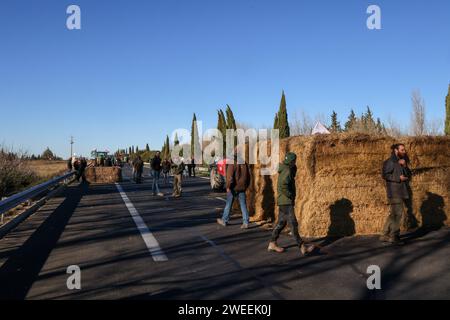 Marseille, Frankreich. Januar 2025. © PHOTOPQR/LA PROVENCE/Gilles Bader ; Marseille ; 22/01/2025 ; Blöcke autoroute A54 par les agriculteurs dans les deux sens au Niveau de l Air du Merle Nord entre Salon de Provence et Arles französischer Bauernprotest am 25. januar 2024 Credit: MAXPPP/Alamy Live News Stockfoto