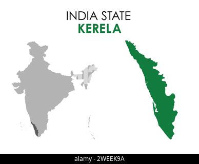 Kerala Karte des indischen Bundesstaates. Kerala-Kartenvektorillustration. Kerala-Vektorkarte auf weißem Hintergrund. Stock Vektor