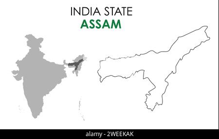 Assam Karte des indischen Bundesstaates. Abbildung des Assam-Kartenvektors. Assam-Vektorkarte auf weißem Hintergrund. Stock Vektor