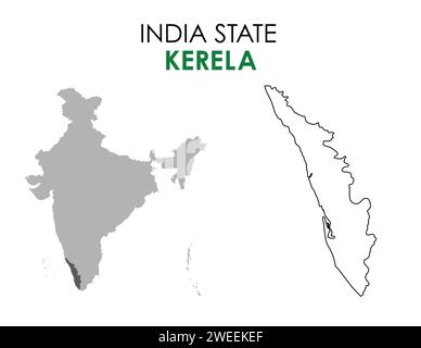 Kerala Karte des indischen Bundesstaates. Kerala-Kartenvektorillustration. Kerala-Vektorkarte auf weißem Hintergrund. Stock Vektor