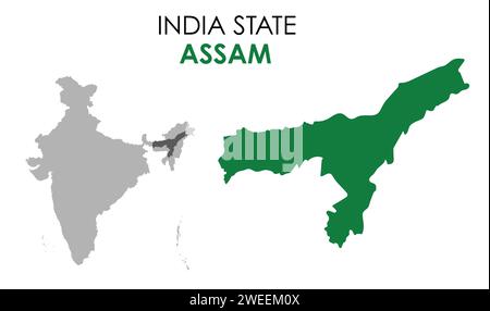 Assam Karte des indischen Bundesstaates. Abbildung des Assam-Kartenvektors. Assam-Vektorkarte auf weißem Hintergrund. Stock Vektor