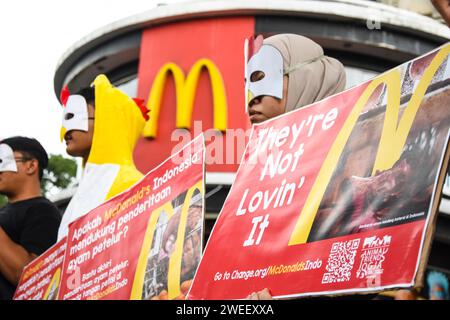 Bandung, West-Java, Indonesien. Januar 2024. Aktivisten führen eine friedliche Demonstration vor dem McDonald's Indonesia Fast Food Restaurant in Bandung durch. Die Aktion der Organisation Animal Friends Jogja, die sich für Tierrechte und -Schutz einsetzt, zielt darauf ab, McDonald's Indonesien aufzufordern, das Leiden von Legehennen in Käfigen oder Käfigen sofort zu beenden und sofort eine käfigfreie Verpflichtung abzugeben. (Kreditbild: © Dimas Rachmatsyah/ZUMA Press Wire) NUR REDAKTIONELLE VERWENDUNG! Nicht für kommerzielle ZWECKE! Stockfoto