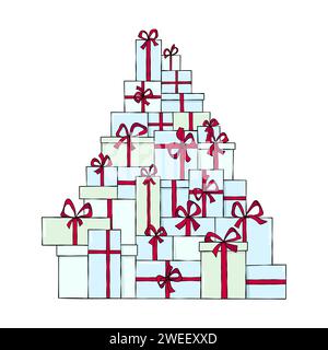 Großer Stapel, Stapel von Geschenken und Geschenken mit roten Schleifen in Doodle, Comic, Cartoon Stil, Vektorzeichnung, Urlaub, Feier, Geburtstag, weihnachten illustr Stock Vektor