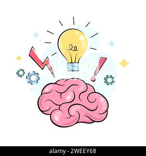 Gehirn, Idee, Kreativität, Geek-Illustration. Glühlampe, Geist, Blitz, Einblicke zeichnen. Stock Vektor