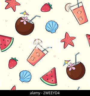 Nahtloses Sommermuster mit Sommer, Strandaccessoires und Objekten im Comic-Stil Stock Vektor