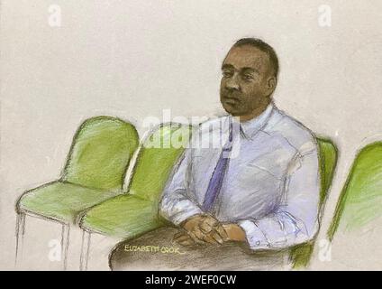 Courts Artist Sketch von Elizabeth Cook von Mark Gordon erscheint im Old Bailey in London, wo er zusammen mit Constance Marten wegen Totschlags an Baby Victoria angeklagt wird, das im vergangenen März tot auf einem Kleingut in Brighton, East Sussex, aufgefunden wurde. Bilddatum: Donnerstag, 25. Januar 2024. Stockfoto