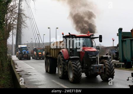 Bauern mit Traktoren, Handwerker mit Lieferwagen und LKW-Fahrer blockieren die gesperrte Brücke Pont de l iroise zwischen Brest und Plougastel-Daoulas und verbrennen Autoreifen, Protestaktion für bessere Bezahlung und Bürokratieabbau, Departement Finistere Penn-AR-Bed, Region Bretagne Breizh, Frankreich *** Bauern mit Traktoren, Handwerker mit Transportern und LKW-Fahrern blockieren die geschlossene Brücke Pont de l iroise zwischen Brest und Plougastel Daoulas und verbrennen Autoreifen, Protestaktion für bessere Bezahlung und Reduzierung der Bürokratie, Department Finistere Penn AR Bed, Region Bretagne Breizh, Frankreich Stockfoto