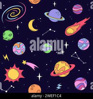 Raum, Planeten und Sterne nahtloses Muster, Hintergrund. Zeichentrickzeichnungen, Vektorkritzelillustrationen. Stock Vektor