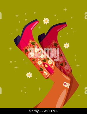 Frauenbeine mit Cowboystiefeln verziert mit Blumen. Cowgirl mit Cowboystiefeln. Amerikanisches Western-Thema. Farbenfrohe Vektor-Illustration. Stockfoto