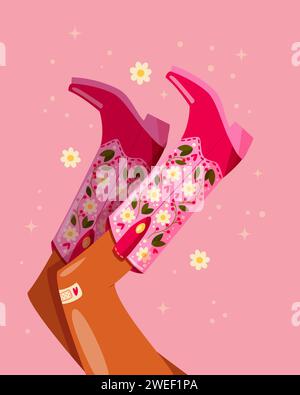 Frauenbeine mit Cowboystiefeln verziert mit Blumen. Cowgirl mit Cowboystiefeln. Amerikanisches Western-Thema. Farbenfrohe Vektor-Illustration. Stockfoto