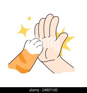 Katzenpfote und die Hand eines Mannes geben High Five, Comic-Illustration. Stock Vektor
